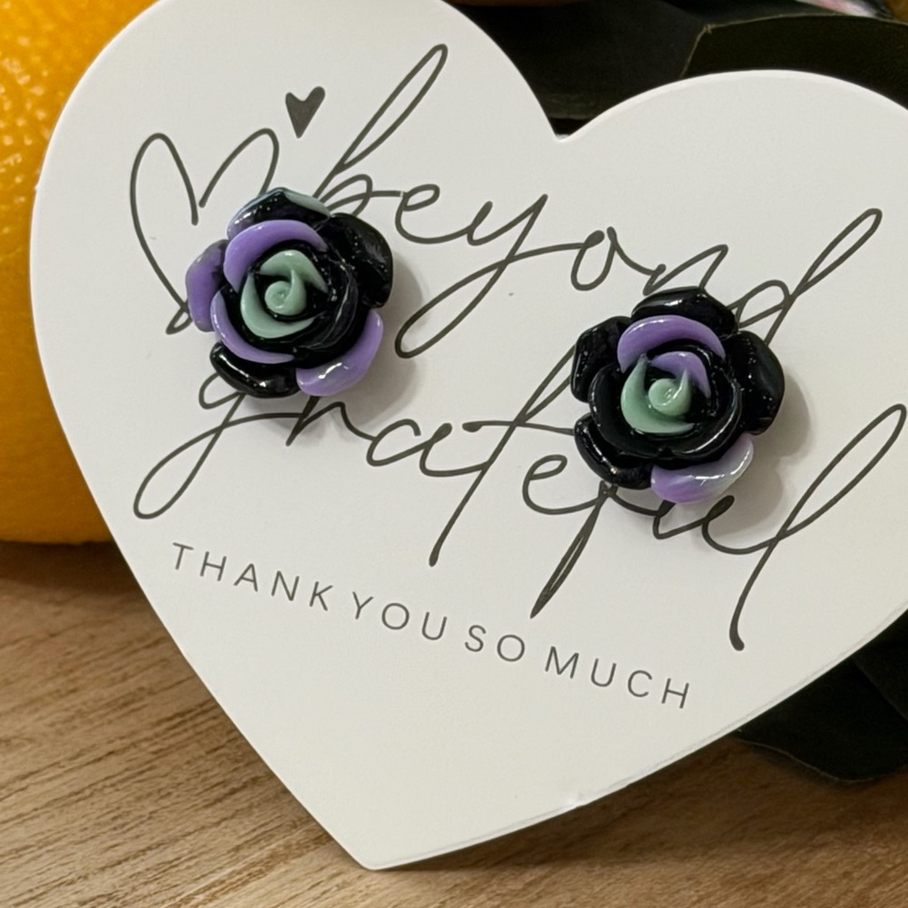 Dark Romantic Black Lavender Green Rose Floral Earrings‎ Handmade NEW